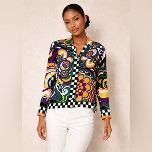 Vintage Paolo Santini Silk Blouse Multicolor Size 8 Retro Art Print Abstract